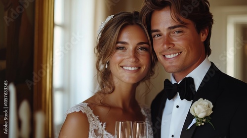 Romantic couple shares a close moment with champagne in an elegant black and ...