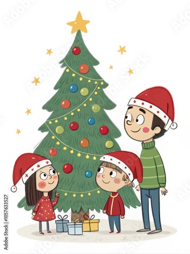 Father and two kids in red hats by decorated christmas tree