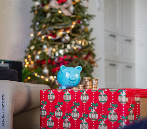 Blue piggy bank front of a Christmas tree decorated with beautiful Christmas vibes. Holiday season in December for family and friends together and give a gift and using money. saving money for present