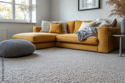 Bright yellow sofa in a stylish living room with modern decor and natural light