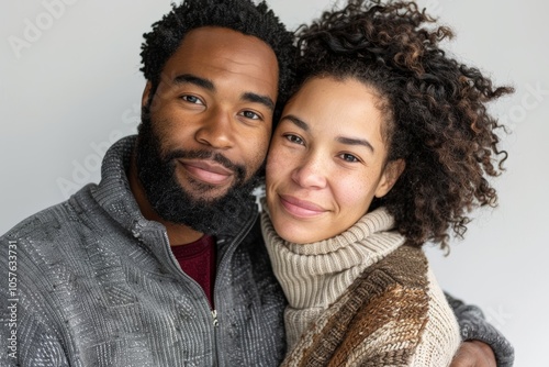 Portrait of a blissful mixed race couple in their 30s dressed in a comfy fleece pullover on white background