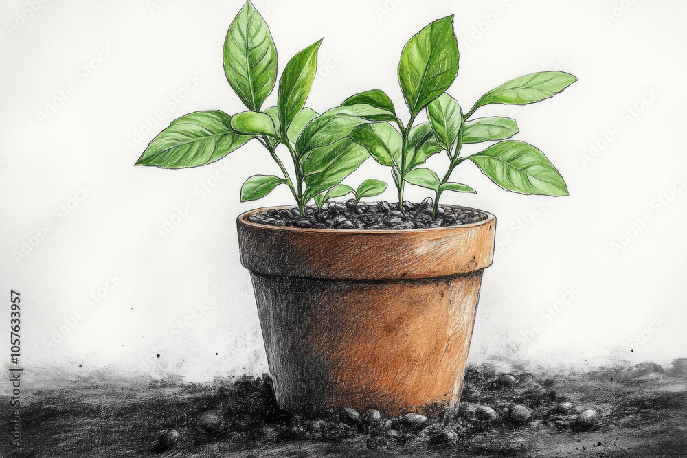 Vibrant green plant in terracotta pot with soil background