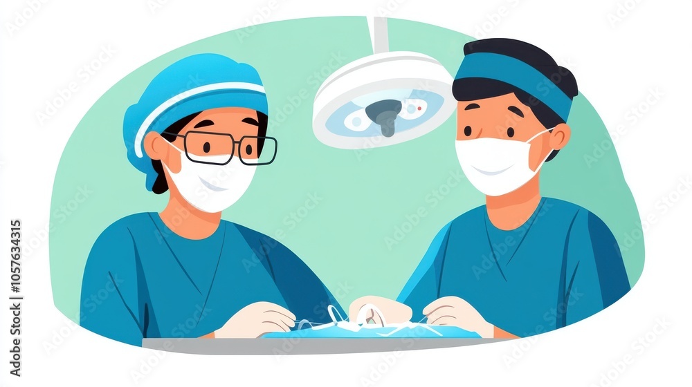 In a modern operating room, two surgeons work diligently under bright surgical lights, showcasing precision and teamwork essential for a successful medical procedure. In a modern operating room, two surgeons work diligently under bright surgical lights, showcasing precision and teamwork essential for a successful medical procedure.