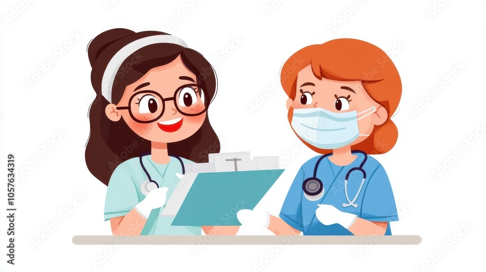 A pair of nurses in a healthcare facility warmly discuss patient charts, illustrating collaboration, compassion, and dedication to ensuring quality patient care outcomes.