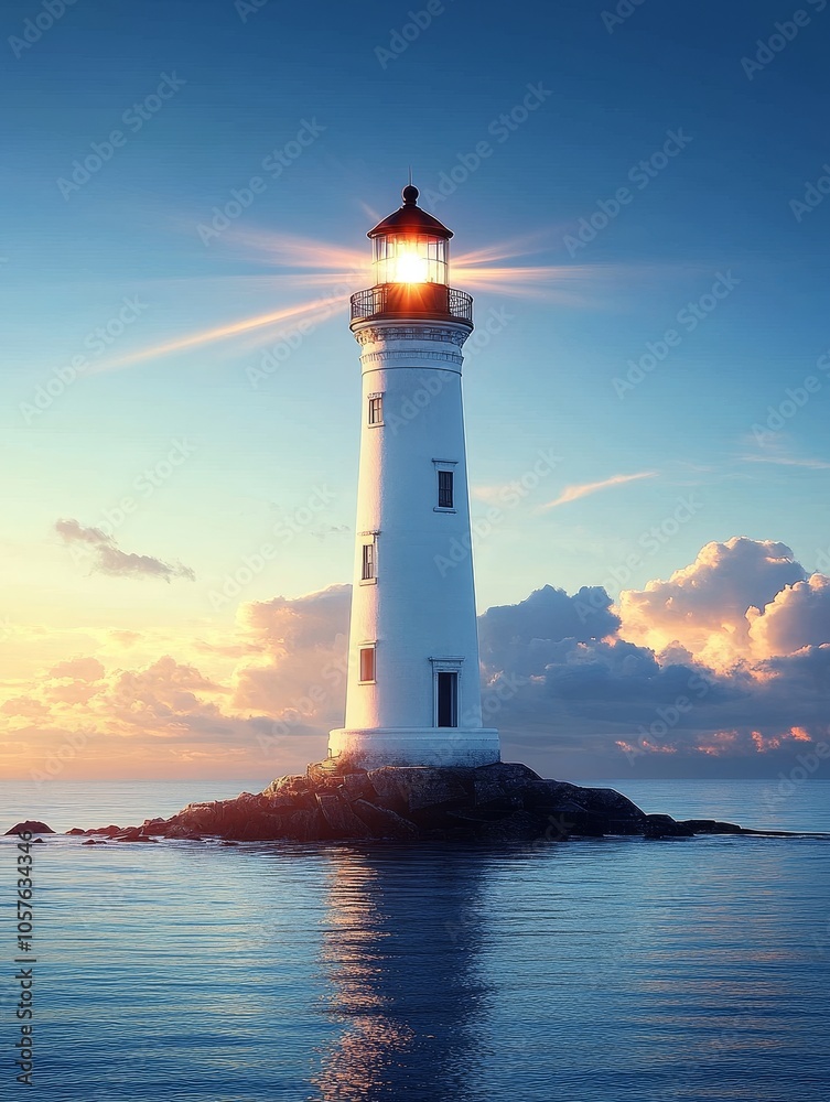 Beautiful lighthouse standing tall on a rocky shore at sunset, illuminating the tranquil waters with a guiding light