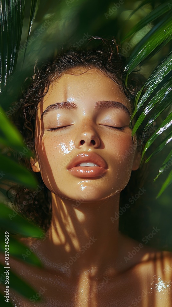 Soft sunlight illuminates a womans serene face surrounded by lush tropical leaves in nature
