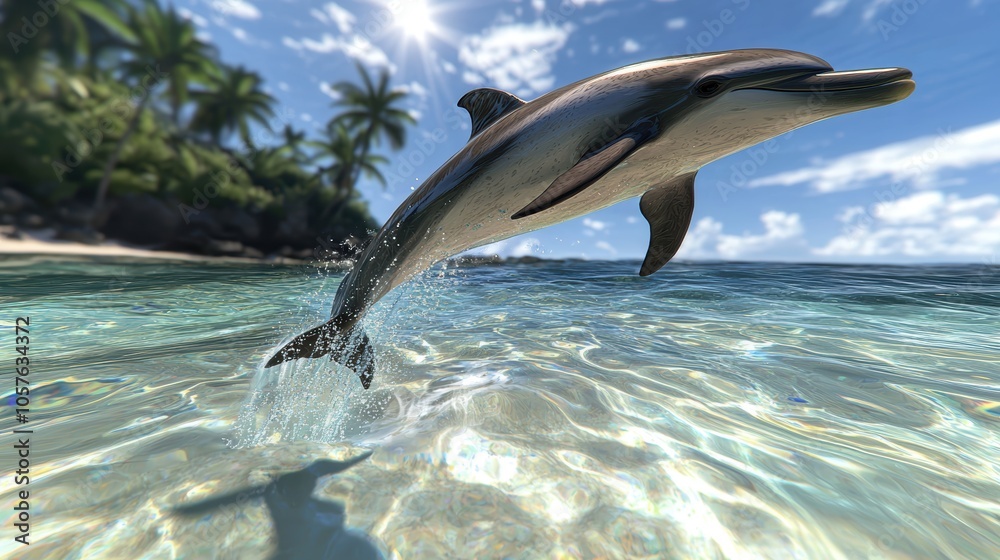 Dolphin leaping out of clear blue ocean waters, tropical island visible in the background, midday sun
