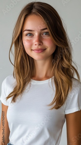 Young woman with long hair wearing a white t shirt poses for a casual portrai...