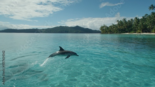 Dolphin leaping out of clear blue ocean waters, tropical island visible in the background, midday sun