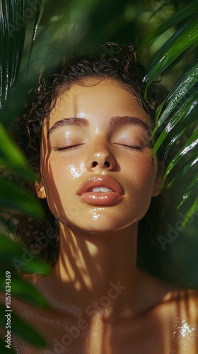 Soft sunlight illuminates a womans serene face surrounded by lush tropical le...