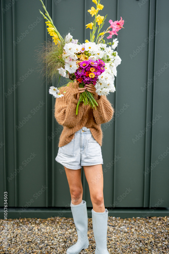 A woman hides her face behind a vibrant bouquet of garden flowers, capturing the essence of a bountiful harvest in a serene, sustainable lifestyle surrounded by nature