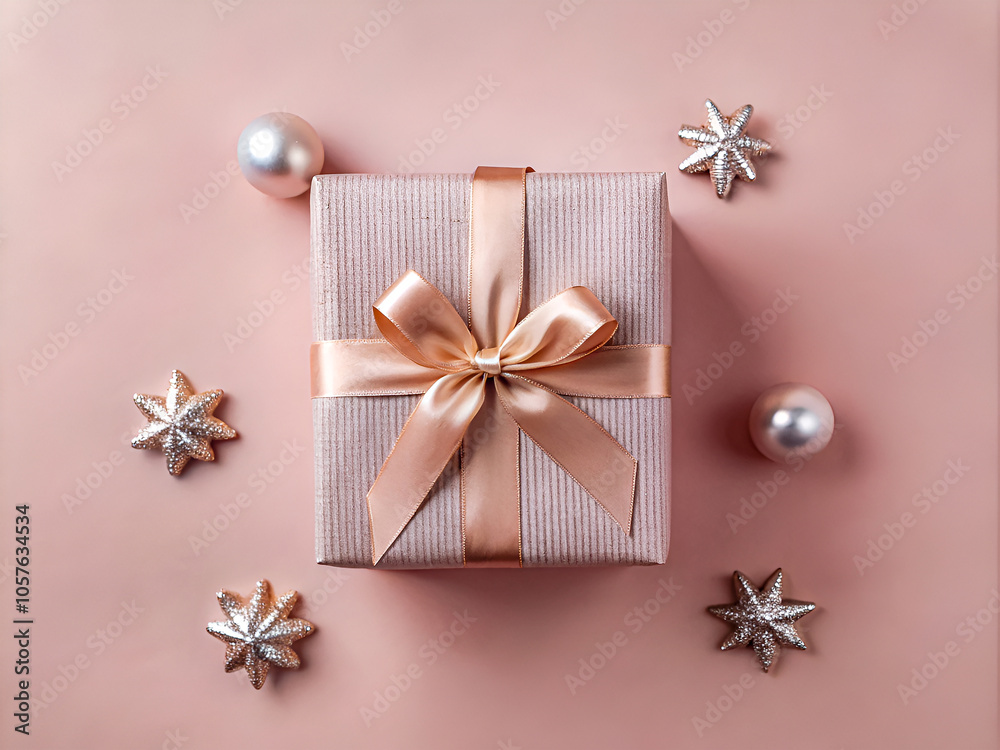 Merry Christmas, high angle view of pink Christmas present with pink ribbon and a bow, background Merry Christmas, high angle view of pink Christmas present with pink ribbon and a bow, background