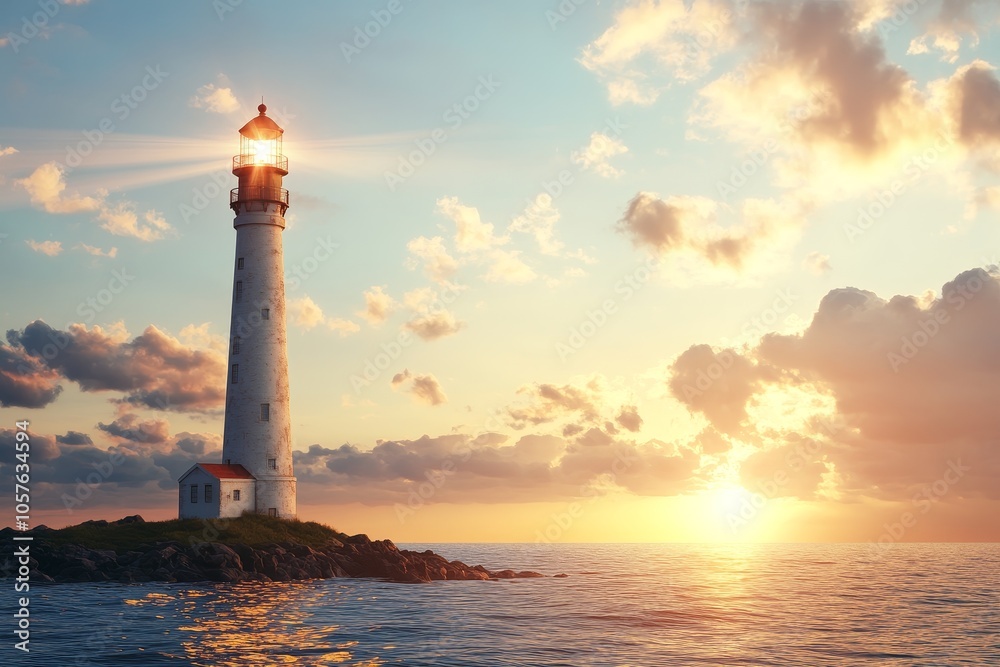 A serene lighthouse stands tall on the rocky coastline during a vibrant sunset, illuminating the tranquil ocean waves beneath a colorful sky A serene lighthouse stands tall on the rocky coastline during a vibrant sunset, illuminating the tranquil ocean waves beneath a colorful sky
