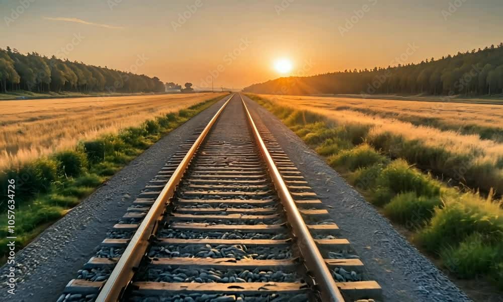 Railway tracks stretching through a field at sunset, creating a serene landscape. seamless looping time-lapse 4K video background Railway tracks stretching through a field at sunset, creating a serene landscape. seamless looping time-lapse 4K video background