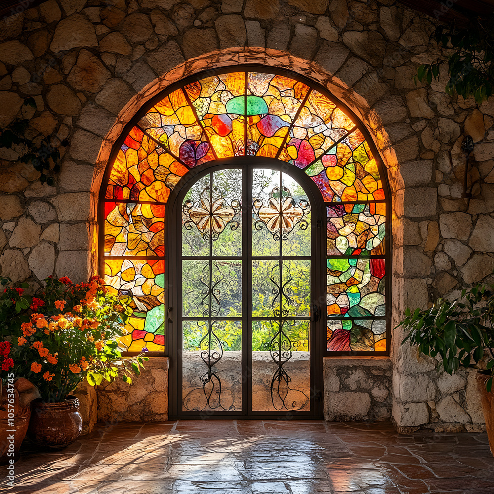 Fototapeta premium Vintage Arched Window with Wrought Iron Details Framed by Rustic Architecture in Soft Natural Light