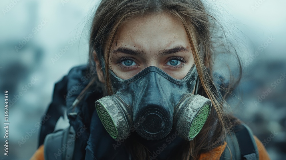 Woman wearing gas mask with intense green eyes, post-apocalyptic survivor theme, close-up portrait, dirt-stained face, survival gear, gritty and intense atmosphere, resilience, determination Woman wearing gas mask with intense green eyes, post-apocalyptic survivor theme, close-up portrait, dirt-stained face, survival gear, gritty and intense atmosphere, resilience, determination