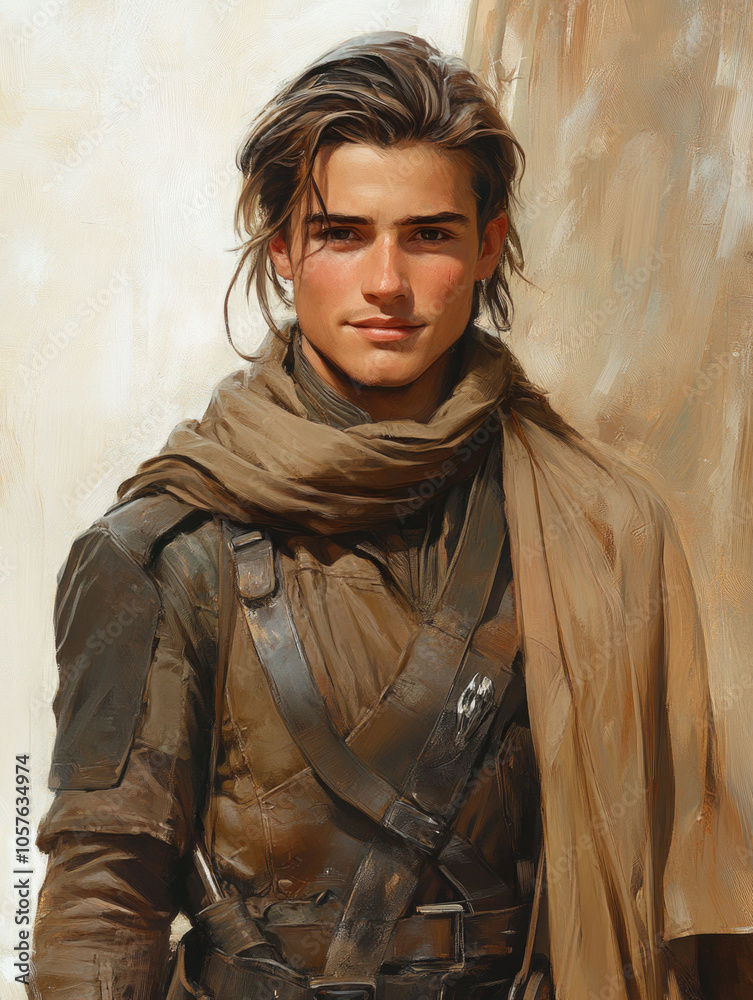 Adventurous young man in rugged attire with scarf in desert setting Adventurous young man in rugged attire with scarf in desert setting
