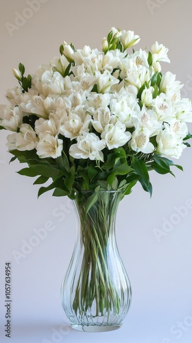 Elegant bouquet of white flowers displayed in clear vase on plain background ...