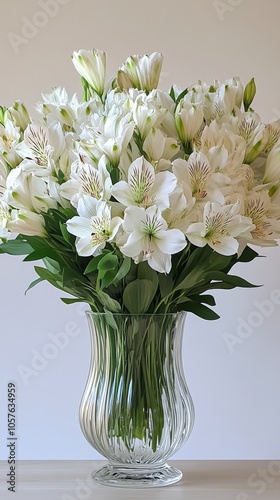 Elegant bouquet of white flowers displayed in clear vase on plain background ...