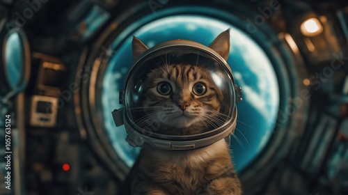 A cute cat wearing an astronaut helmet floating in a spacecraft with Earth visible in the background. photo