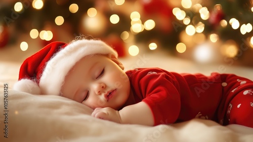 Portrait of newborn baby in Santa clothes lying under Christmas tree, Baby with mom and dad on Christmas at home, enjoying first christmas holiday, generative ai