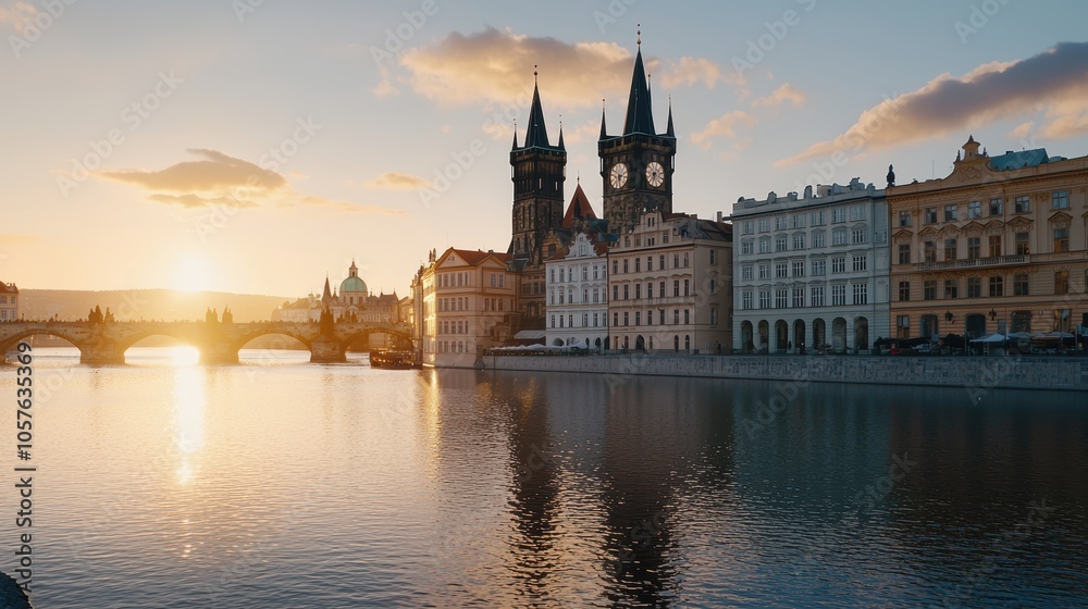 Famous clock tower in Prague, with cobblestone streets and medieval architecture, golden hour lighting Famous clock tower in Prague, with cobblestone streets and medieval architecture, golden hour lighting