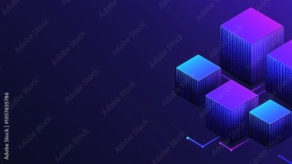 Floating translucent cubes and squares in purple and blue gradient, representing digital data, tech architecture, or blockchain aesthetics