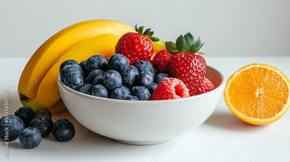 Fresh Fruit Bowl on Minimalist White Table Fresh Fruit Bowl on Minimalist White Table