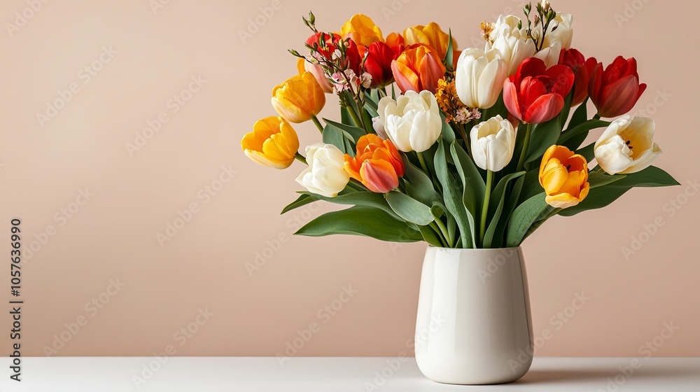Fresh Tulips in a White Vase on a Clean Table Fresh Tulips in a White Vase on a Clean Table