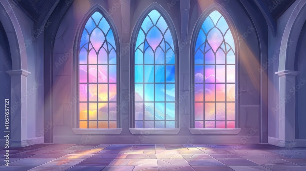 Obraz premium Gothic cathedral interior with stained glass windows casting colorful light onto the stone floor