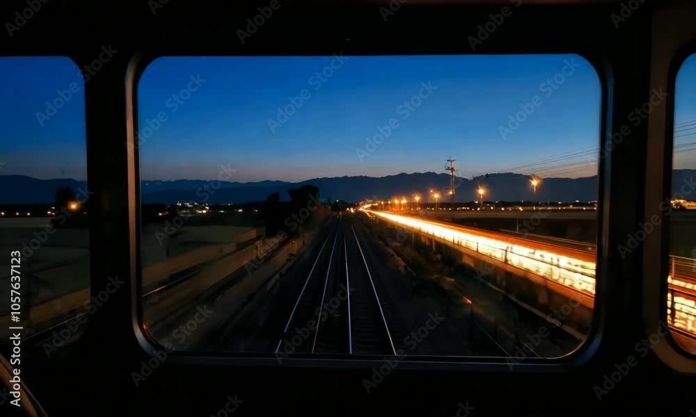 Night view through a train window showcasing blurred city lights and distant mountains. seamless looping time-lapse 4K video background Night view through a train window showcasing blurred city lights and distant mountains. seamless looping time-lapse 4K video background