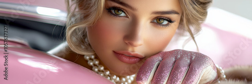 Blonde woman with pearl necklace and 1960s outfit AI generative.