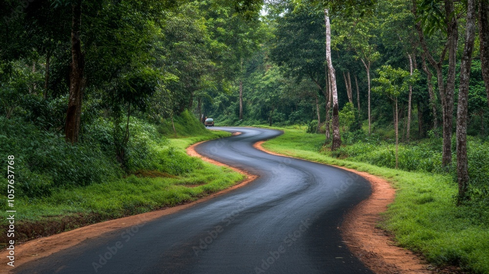 Serene Curved Road Through Lush Green Forest Serene Curved Road Through Lush Green Forest