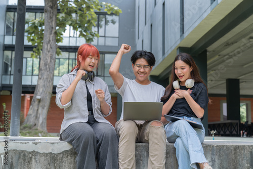 Three cheerful asian university students are sitting outside a campus building, expressing joy and excitement as they look at a laptop, celebrating a successful project or good news