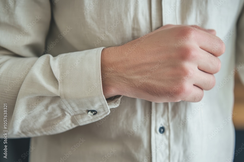 Fototapeta premium Close-up of a Man's Hand Adjusting a Light Beige Shirt
