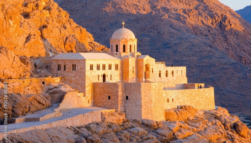 Fototapeta premium Isolated desert monastery built into a rocky cliff, warm sunset lighting casting long shadows
