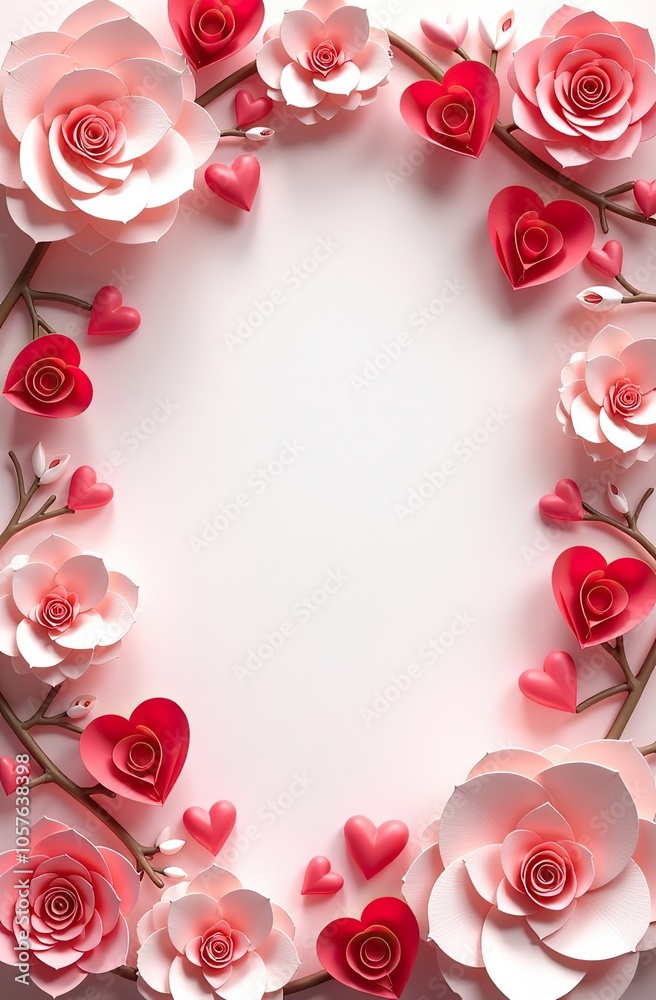 Romantic floral heart frame with red and pink paper flowers for valentine's day Romantic floral heart frame with red and pink paper flowers for valentine's day