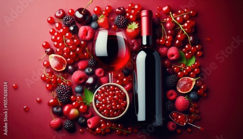 A bottle of red wine, a glass of red wine, and a variety of red fruits and berries, including apples, cherries, strawberries, raspberries,