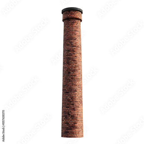 A tall, cylindrical brick chimney stands against a dark background, showcasing its textured surface and circular top. photo