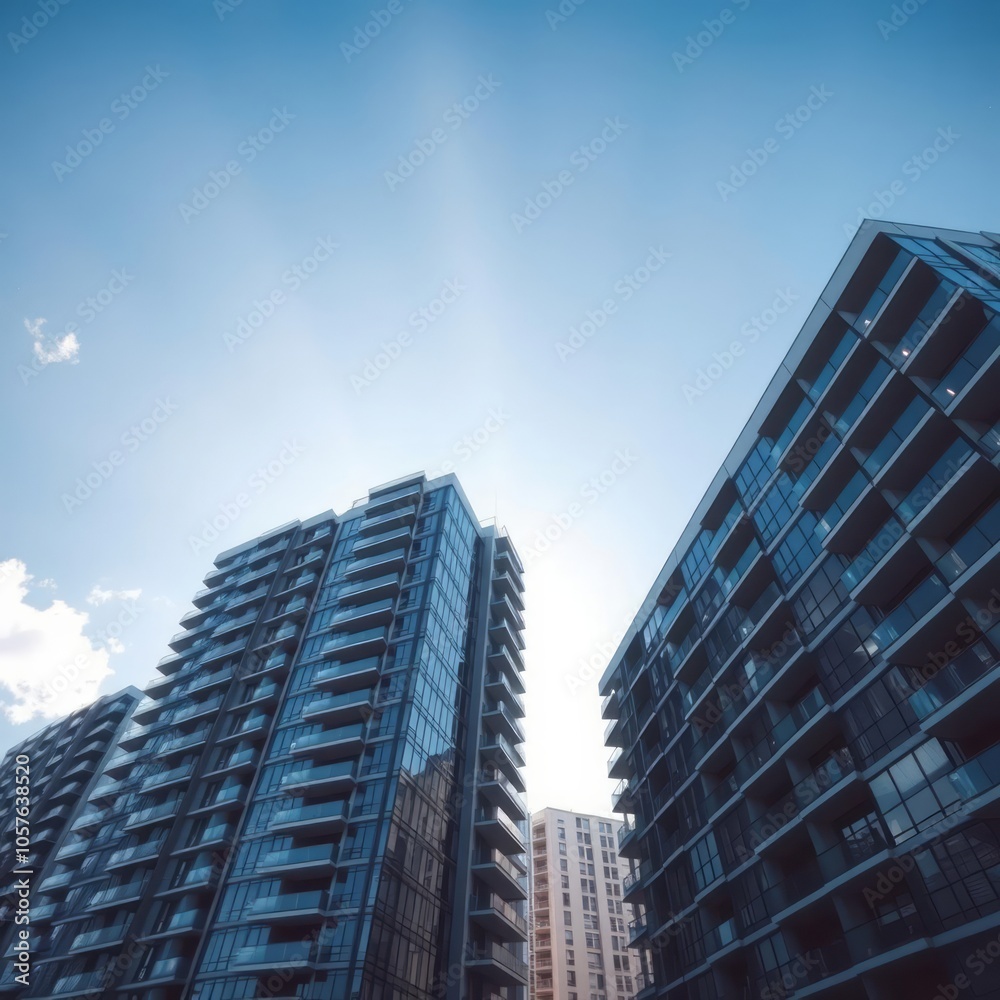 Modern apartment buildings on a sunny day with a blue sky facade of a modern apartment building glass surface with sunlight Condominium Modern apartment buildings on a sunny day with a blue sky facade of a modern apartment building glass surface with sunlight Condominium
