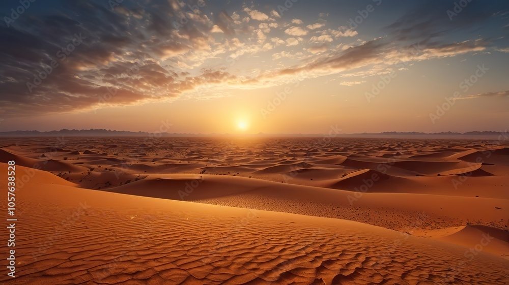 Sunrise in the Desert. Morning breaks on the sand dunes and the desert landscape. Ideal for desktop wallpaper or screensaver. Sunrise in the Desert. Morning breaks on the sand dunes and the desert landscape. Ideal for desktop wallpaper or screensaver.