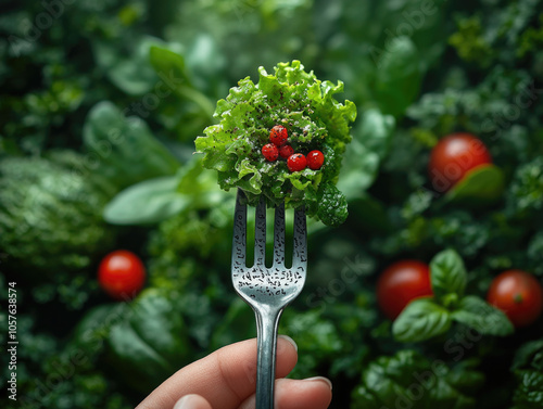 Fresh forkful of vibrant greens and cherry tomatoes in garden setting photo