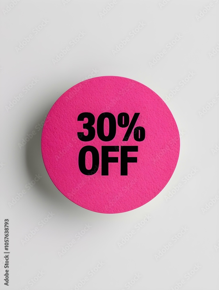 Black '30% OFF' Text on a Hot Pink Round Paper Note. White Background Black '30% OFF' Text on a Hot Pink Round Paper Note. White Background