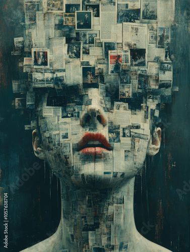 Surreal portrait of a person with newspaper clippings forming their face photo