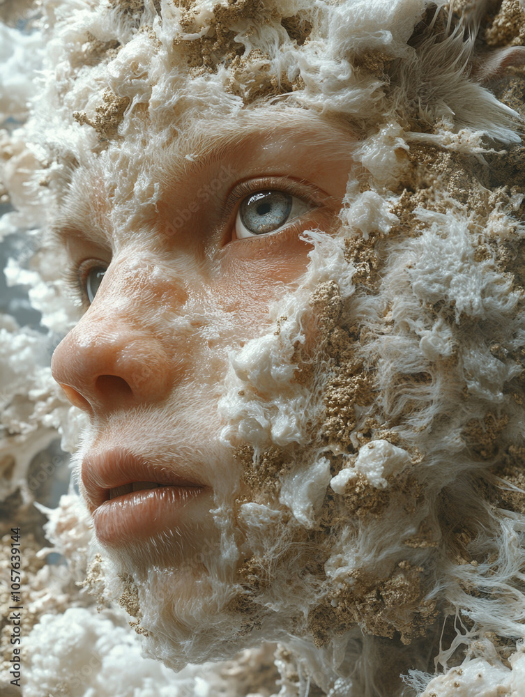 Obraz premium Mesmerizing close-up of ethereal face blending with organic textures and natural elements