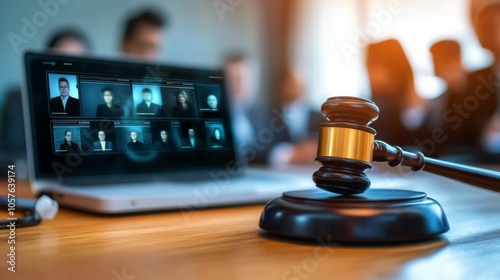 Representation of participants engaging in a video conferencing court environment.
