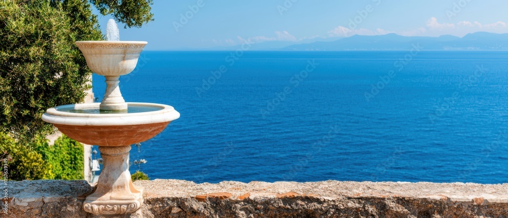 Obraz premium Luxurious villa with a fountain and Mediterranean landscaping, overlooking a coastal cliff
