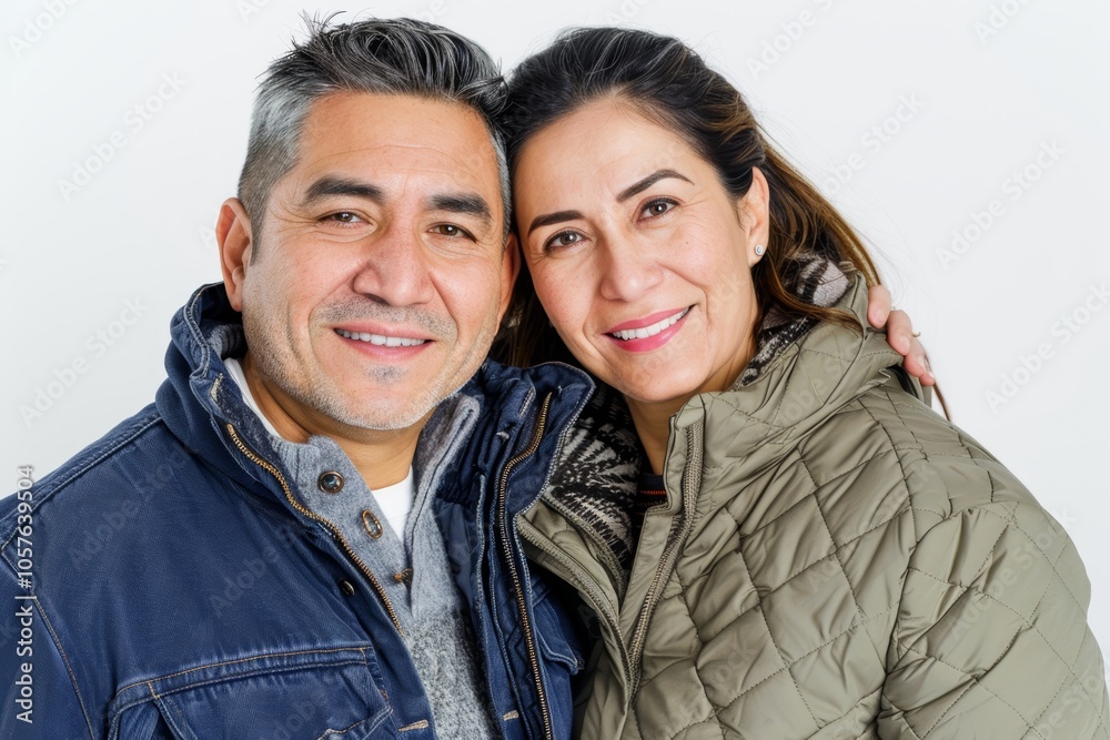 Portrait of a glad latino couple in their 40s sporting a quilted insulated jacket in front of white background Portrait of a glad latino couple in their 40s sporting a quilted insulated jacket in front of white background