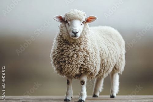 Fluffy sheep standing on wooden platform with soft background