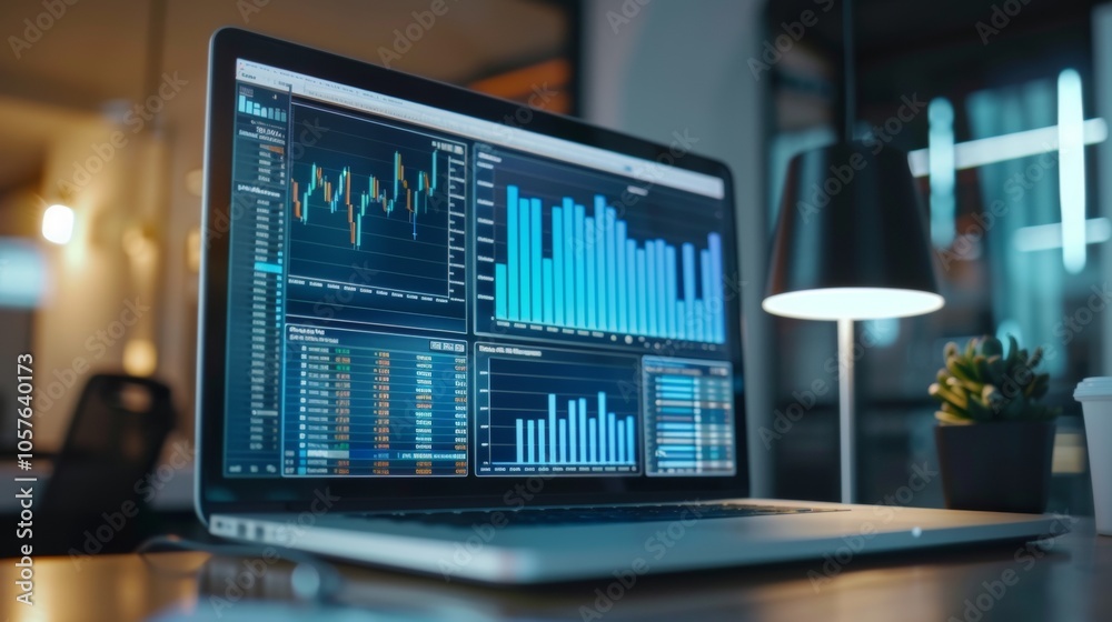 Laptop Displaying Financial Data Analytics in Modern Office Laptop Displaying Financial Data Analytics in Modern Office